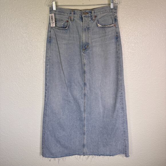 Agolde Hilla Jean Skirt Women 27 Denim Maxi Raw Hem Mid Rise Classic Aritzia NEW